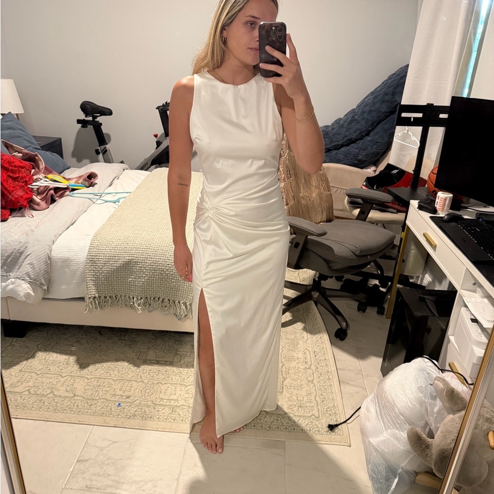 Abercrombie & Fitch Ivory Sleeveless Satin Maxi Dress with Side Slit